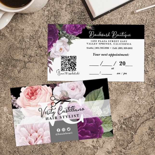 Black and White Floral Hair Stylist Appointment QR Business Card (Creator Uploaded)