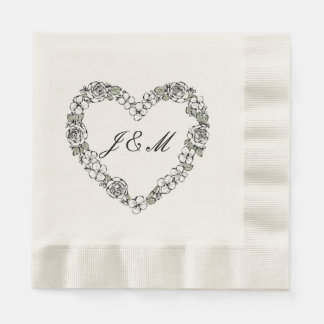 Black and White Floral Heart Wedding Napkins