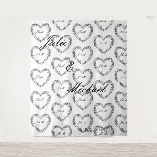 Black and White Floral Heart Wedding Photobooth Ba Tapestry (Front)