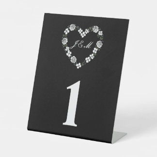 Black and White Floral Heart Wedding Table Number Pedestal Sign