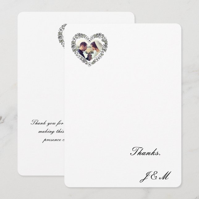 Black and White Floral Heart  Wedding Thanks Cartd Thank You Card (Front/Back)