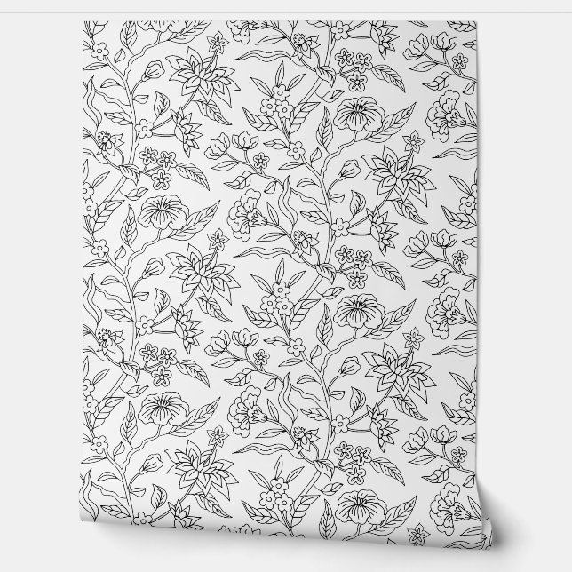 Black and White Floral Illustrated Pattern Wallpaper (Unrolling)