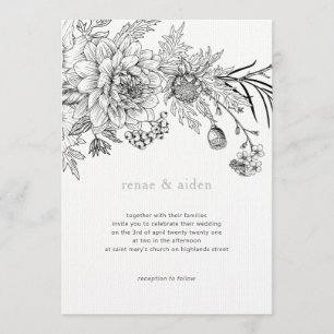 Black and white floral illustration wedding invitation