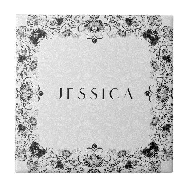 Black And White Floral Lace Frame Tile (Front)