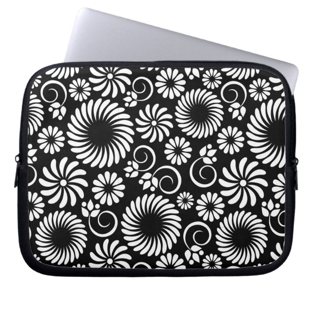 black and white floral Laptop Sleeve (Front)