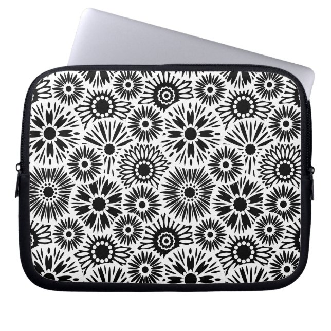 black and white floral Laptop Sleeve (Front)