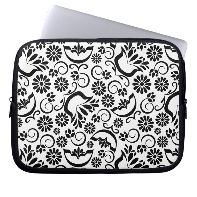 black and white floral Laptop Sleeve (Front)