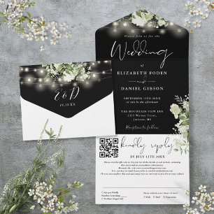 Black And White Floral Lights QR Code Wedding All In One Invitation