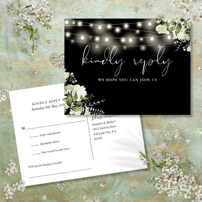 Black And White Floral Lights Song Request RSVP Invitation Postcard (Black And White Floral Lights Song Request RSVP Invitation Postcard)