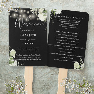 Black And White Floral Lights Wedding Program Hand Fan