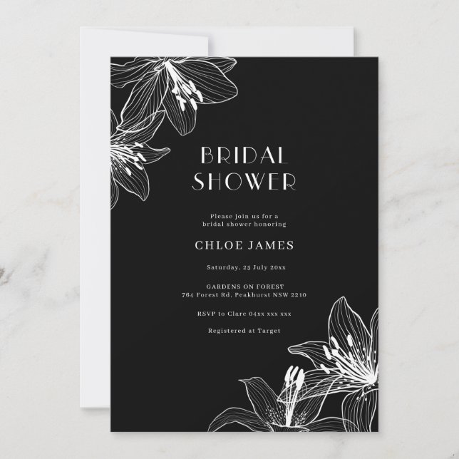 Black and White Floral Lilies Bridal Shower Invitation (Front)