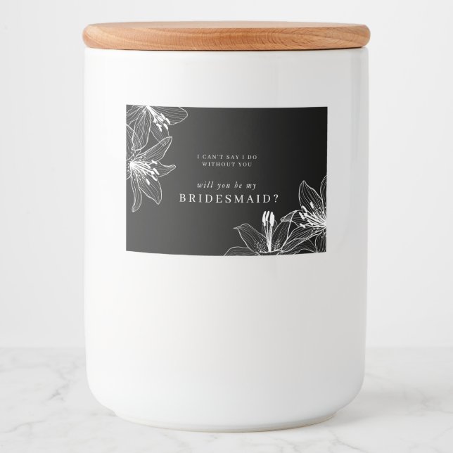 Black and White Floral Lilies Bridesmaid Food Label (Front)