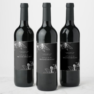 Black and White Floral Lilies Bridesmaid Wine Label