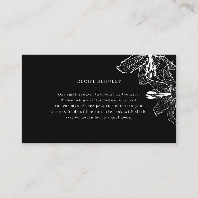 Black and White Floral Lilies Recipe Request Card (Front)