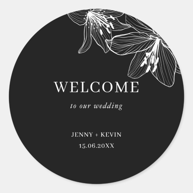Black and White Floral Lilies welcome Classic Round Sticker (Front)