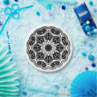 Black and white floral mandala round paper plate