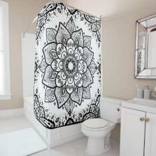 Black and white floral mandala shower curtain