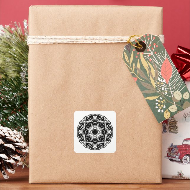 Black and white floral mandala  square sticker (Holiday)