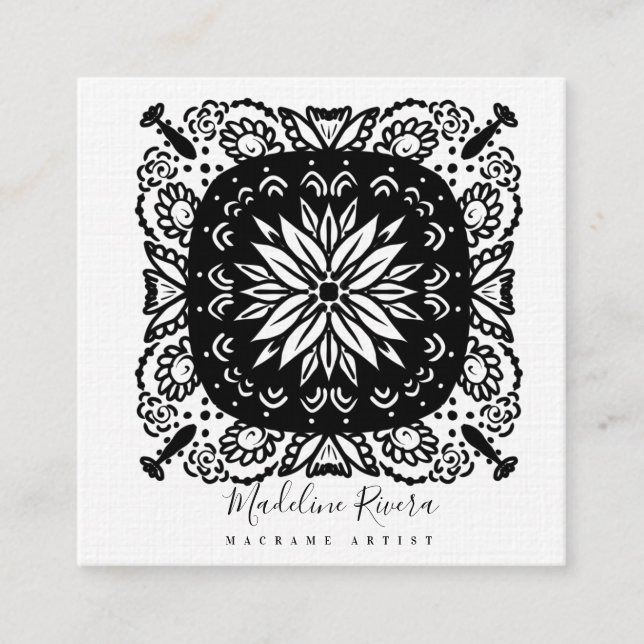 Black and White Floral Mandala Yoga Square Business Card (Front)