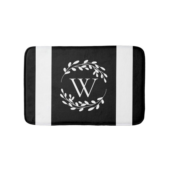 Black and White Floral Monogram Bath Mat (Front)