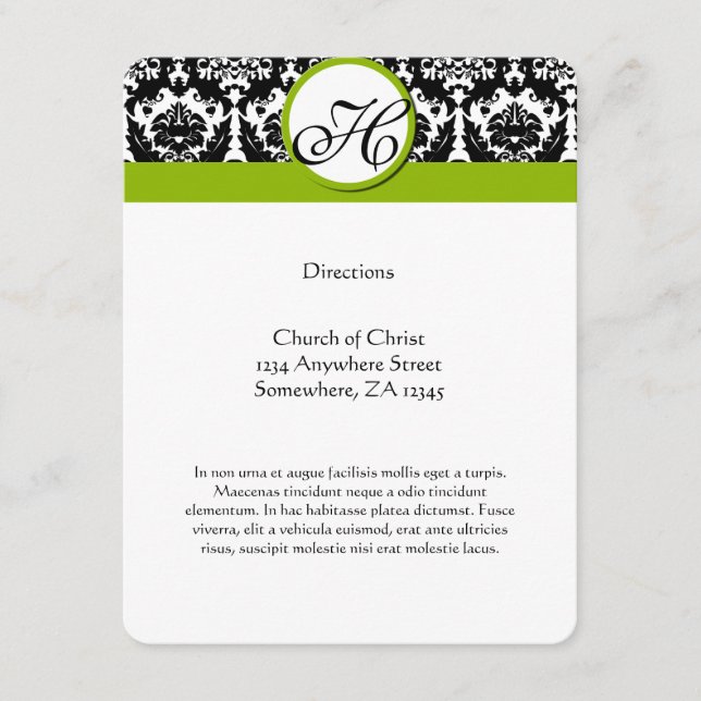 Black and White Floral Monogram Direction Enclosure Card (Front)