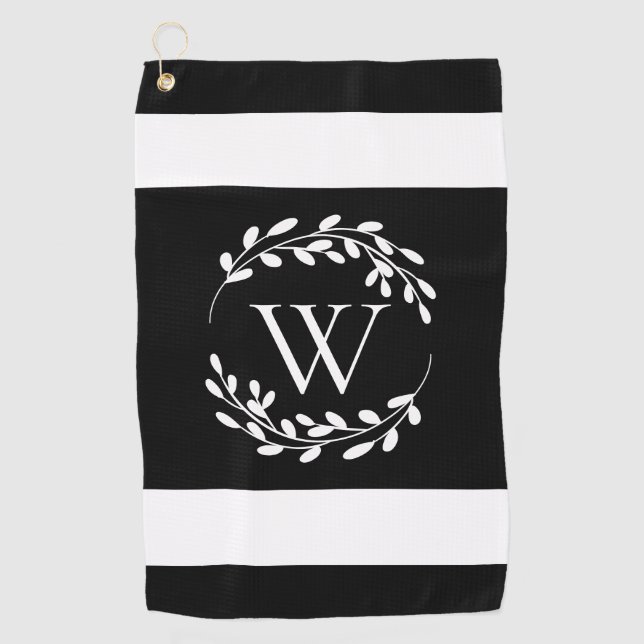 Black and White Floral Monogram Golf Towel (Front)