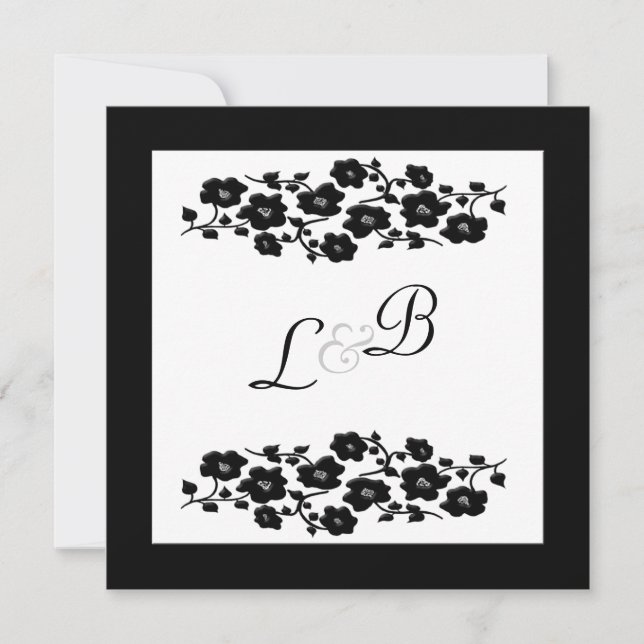 Black and White Floral Monogram Invitation (Front)