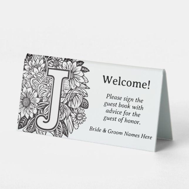 Black and White Floral Monogram "J" Name Wedding  (Front)