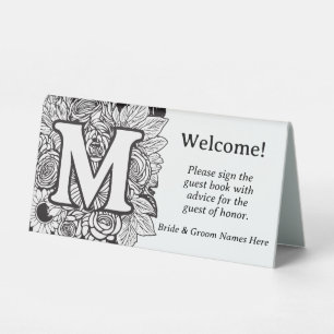 Black and White Floral Monogram Letter M Wedding
