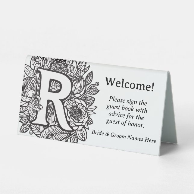 Black and White Floral Monogram Letter R Wedding (Front)