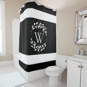 Black and White Floral Monogram Shower Curtain