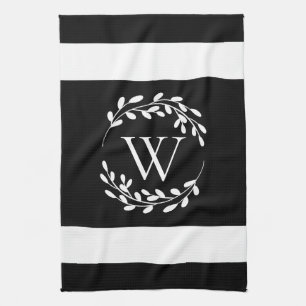 Black and White Floral Monogram Tea Towel