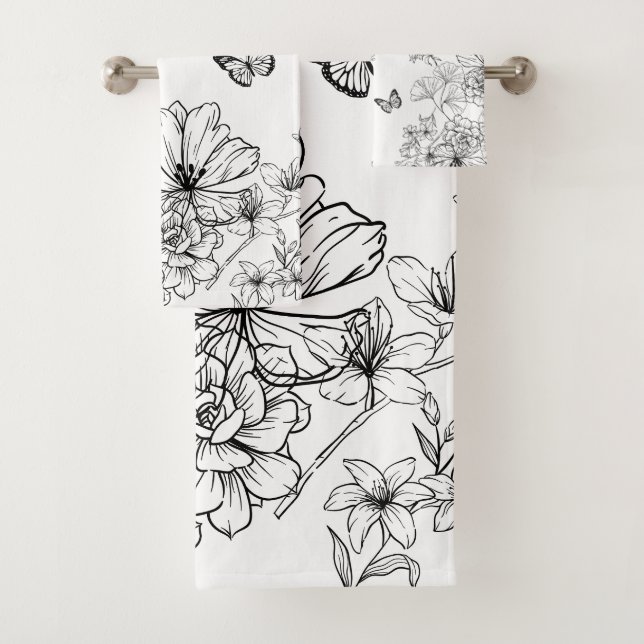 Black and White Floral Nature Pattern Minimalist Bath Towel Set (Insitu)
