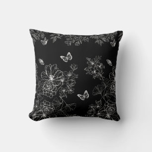 Black and White Floral Nature Pattern Minimalist Cushion