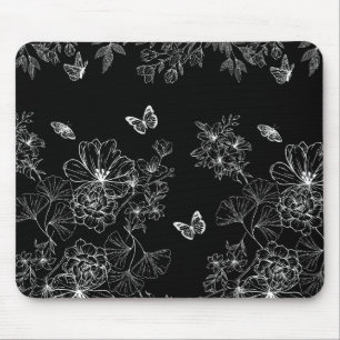 Black and White Floral Nature Pattern Minimalist Mouse Mat