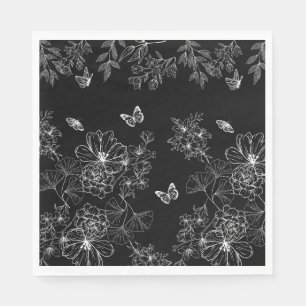 Black and White Floral Nature Pattern Minimalist Napkin