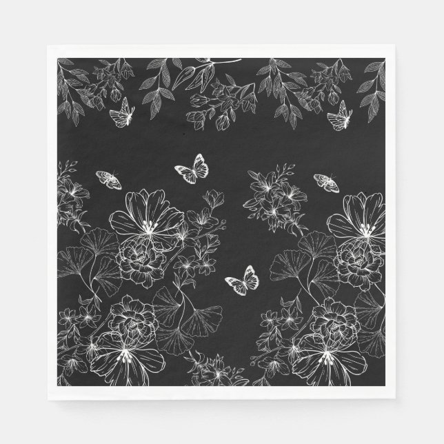 Black and White Floral Nature Pattern Minimalist Napkin (Front)