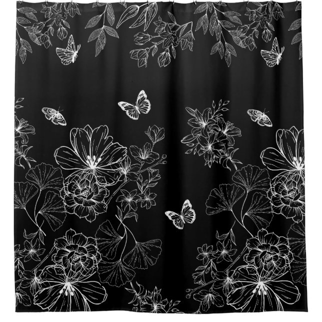 Black and White Floral Nature Pattern Minimalist Shower Curtain (Front)