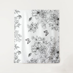 Black and White Floral Nature Pattern Minimalist Tapestry