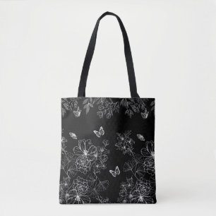 Black and White Floral Nature Pattern Minimalist Tote Bag