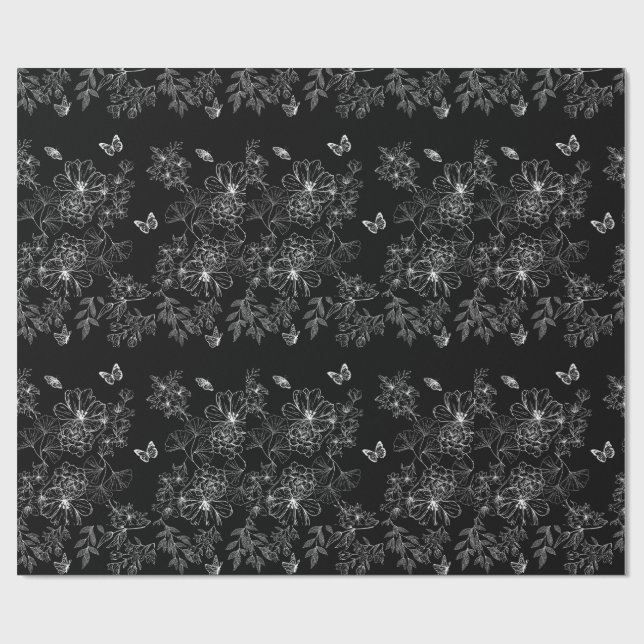 Black and White Floral Nature Pattern Minimalist Wrapping Paper (Flat)