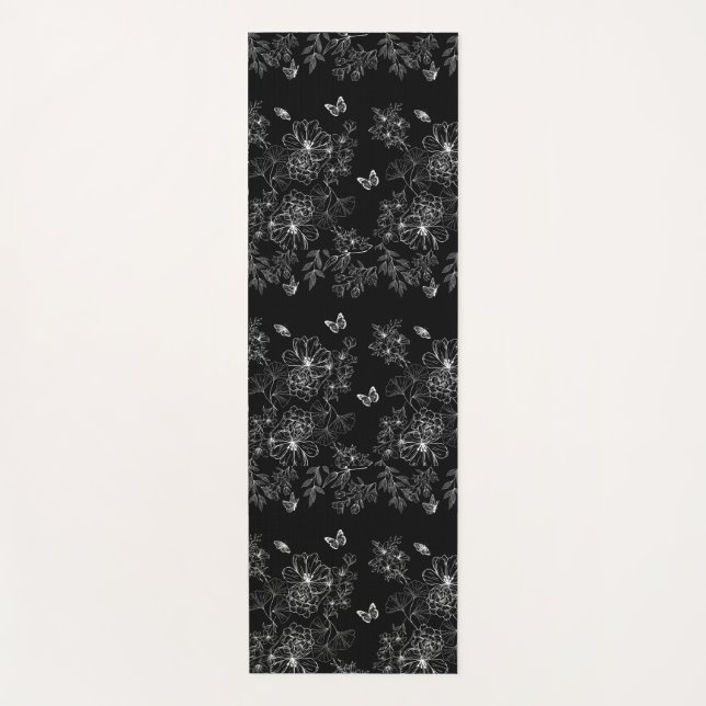 Black and White Floral Nature Pattern Minimalist Yoga Mat (Front)