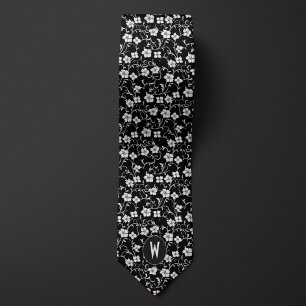 Black and White Floral Neck Tie