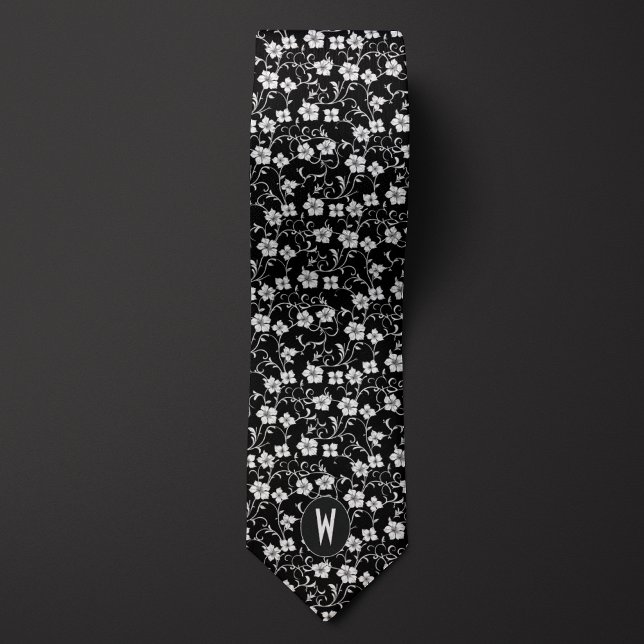 Black and White Floral Neck Tie (Creator Uploaded)