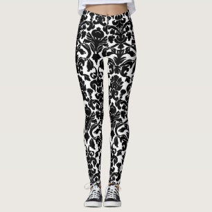 Black and White Floral Ornate Damask Pattern Leggings