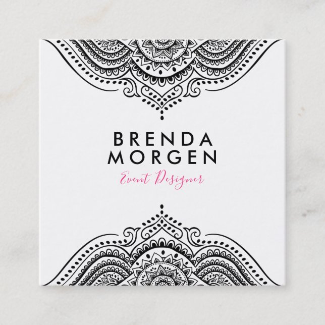 Black and white floral paisley mandala square business card (Front)