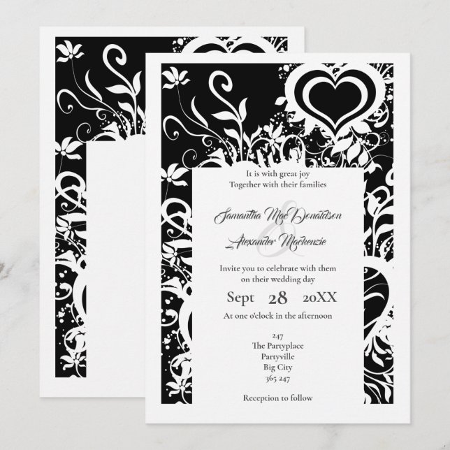 Black and white floral paper cut wedding invitation (Front/Back)