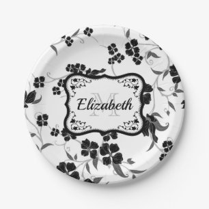 Black and White Floral Paper Plate