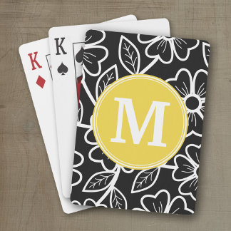 Black and White Floral Pattern Custom Monogram Playing Cards