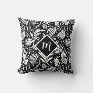 Black and White Floral Pattern Diamond Monogram  Cushion